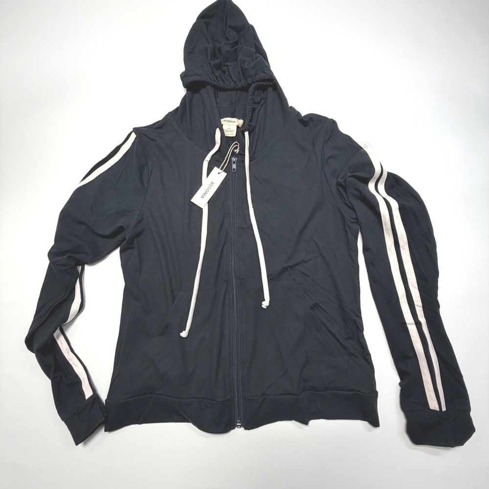 Begonia Black Zip Up Hoodie‎ Womens L Athletic Track Jacket Stripe Sleeves